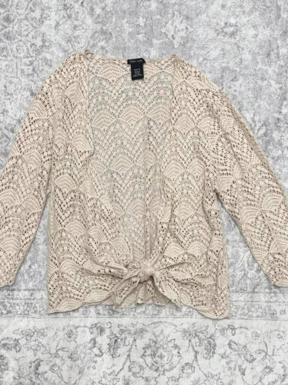 Katie Todd beige crochet cardigan cover up